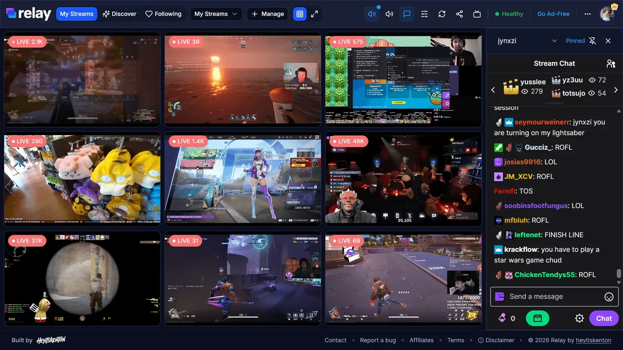 Nine Twitch streams in a Relay grid with active chat